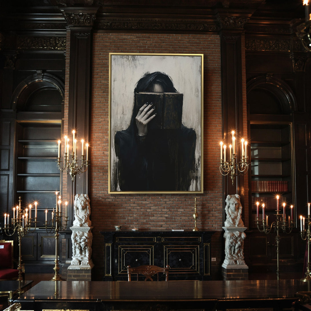 Canvas Print: Gothic art of a figure with a book, dark style, black and neutral color palette, perfect for Halloween decor.