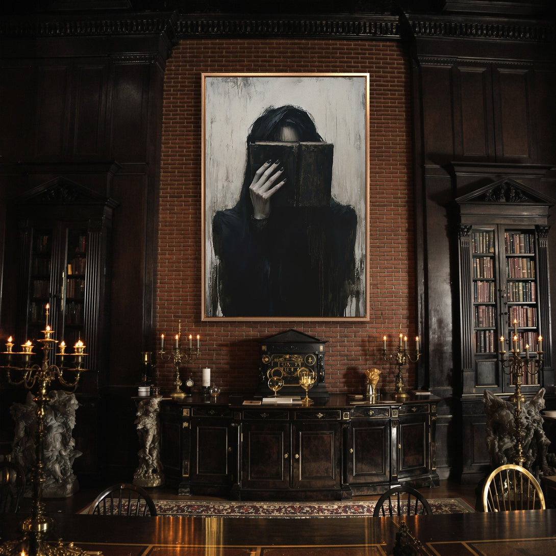Framed Wall Art featuring a mysterious figure with a book. Dark, gothic aesthetic with a moody black, white, and gold color palette. Perfect for a dramatic interior.