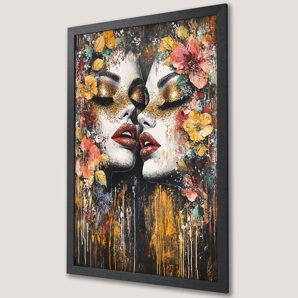 Framed Poster featuring two faces with floral accents, gold glitter, and a vibrant, abstract color palette of red, gold, and black.