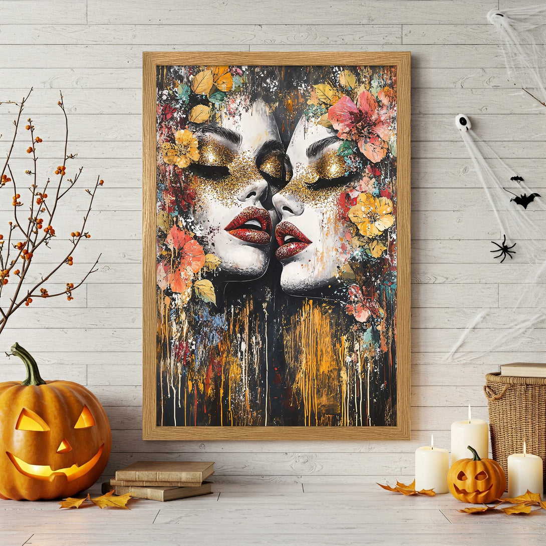 Framed Poster featuring a woman's face with floral accents, in a modern abstract style. Rich colors with gold, red, and black. Perfect wall art.