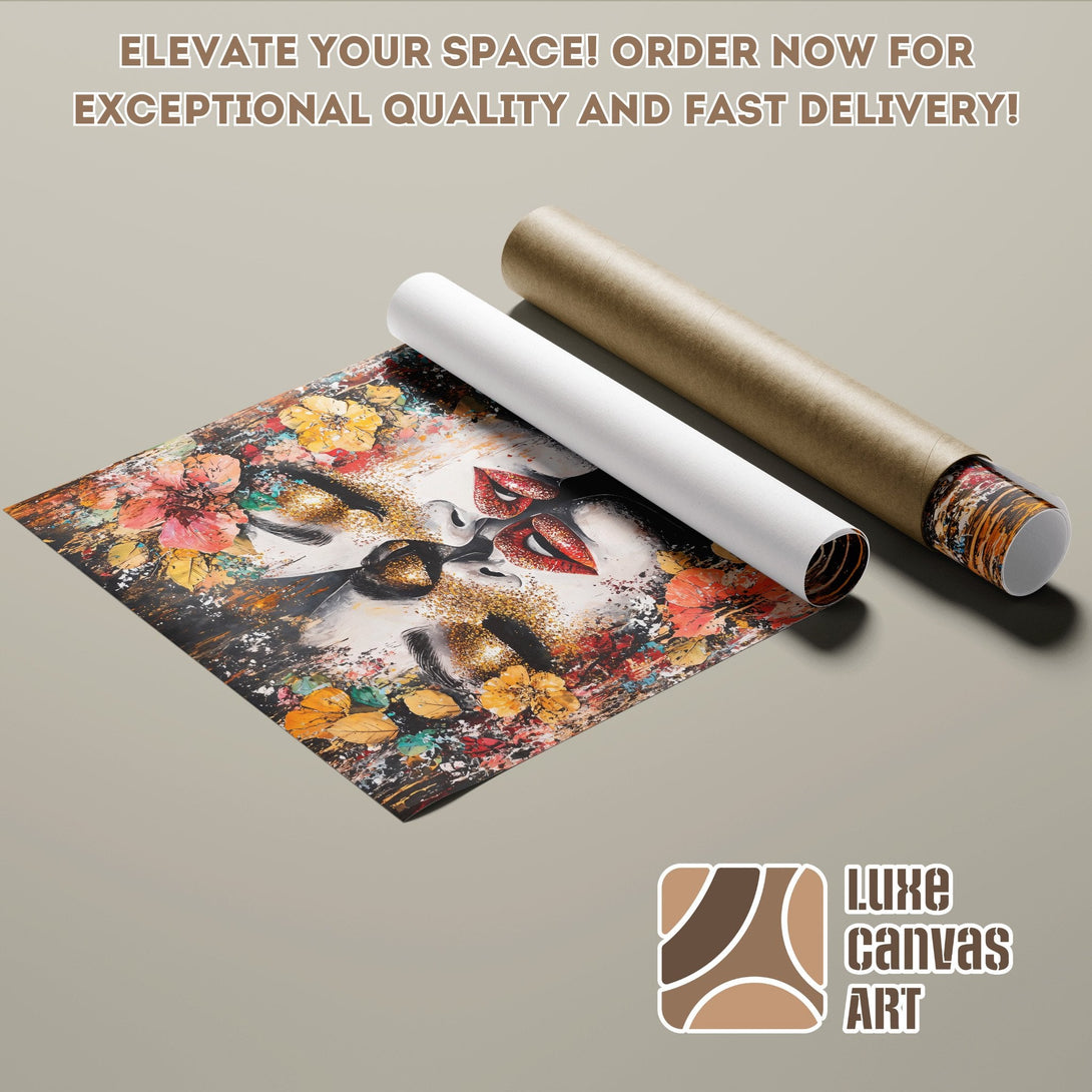 Abstract art poster roll featuring a woman's face with floral accents in warm colors. Elevate your space!