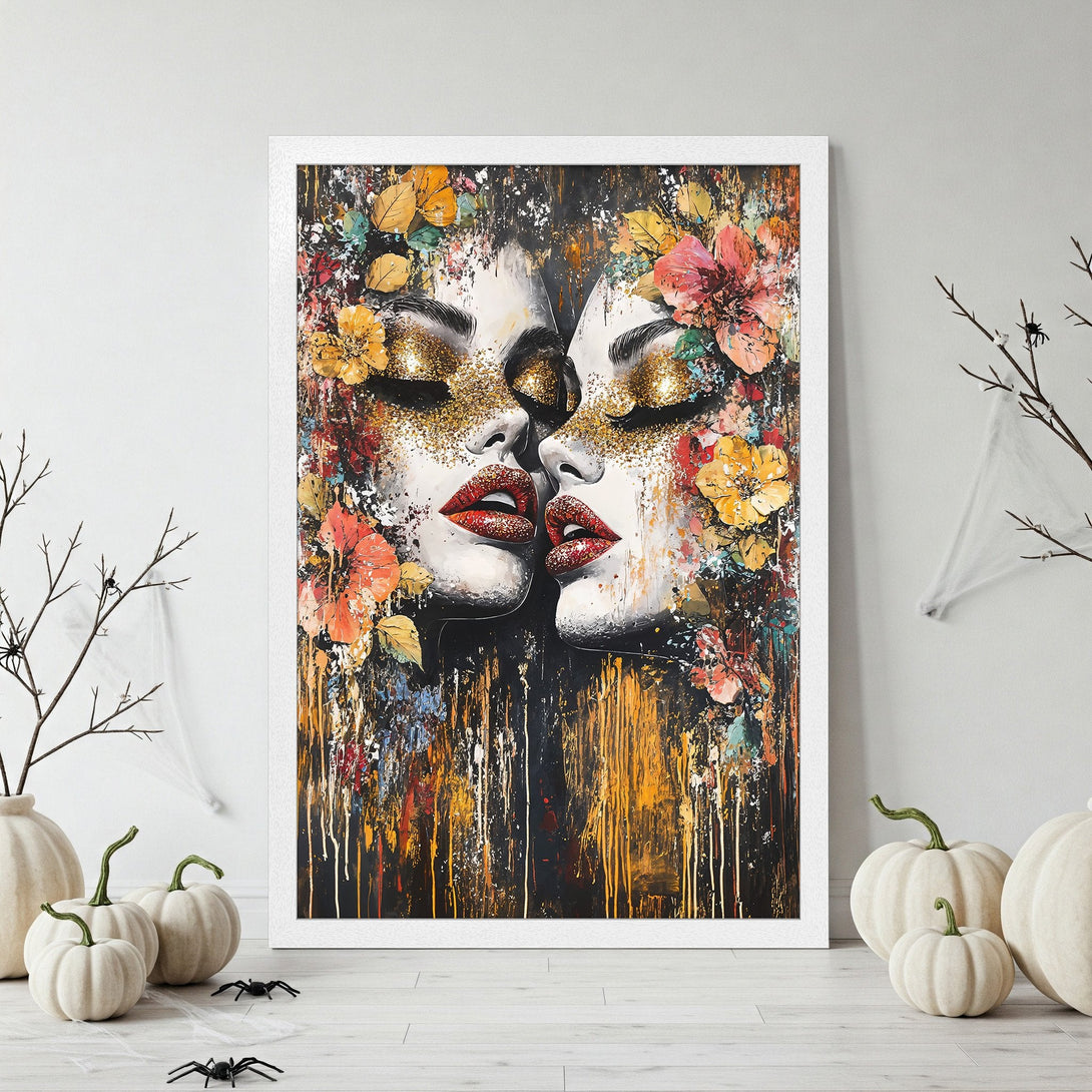 Framed Poster featuring two faces with floral crowns, vibrant colors, and a dark background. Abstract art style with a gold, red, and orange color palette.