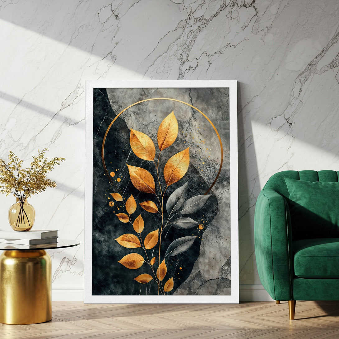 Framed Poster featuring gold leaf art on a dark background. Modern, elegant design with a gold, black, and gray color palette. Perfect wall decor.