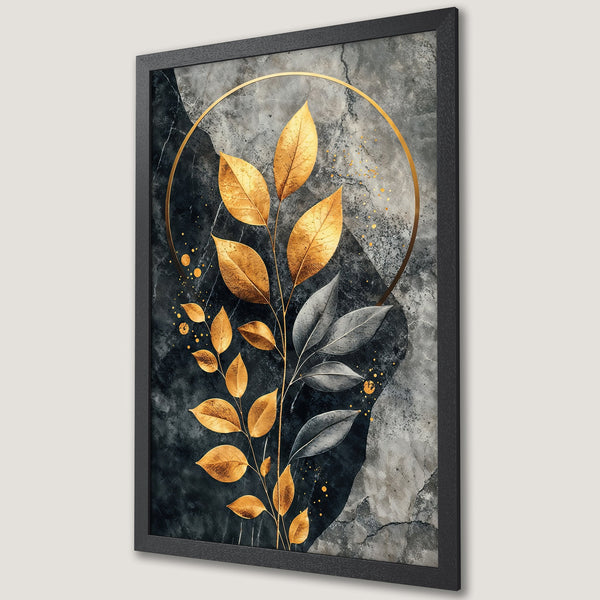 Framed Poster featuring gold leaf design on a textured dark background. Modern art print with a sophisticated black, gold, and gray color palette.