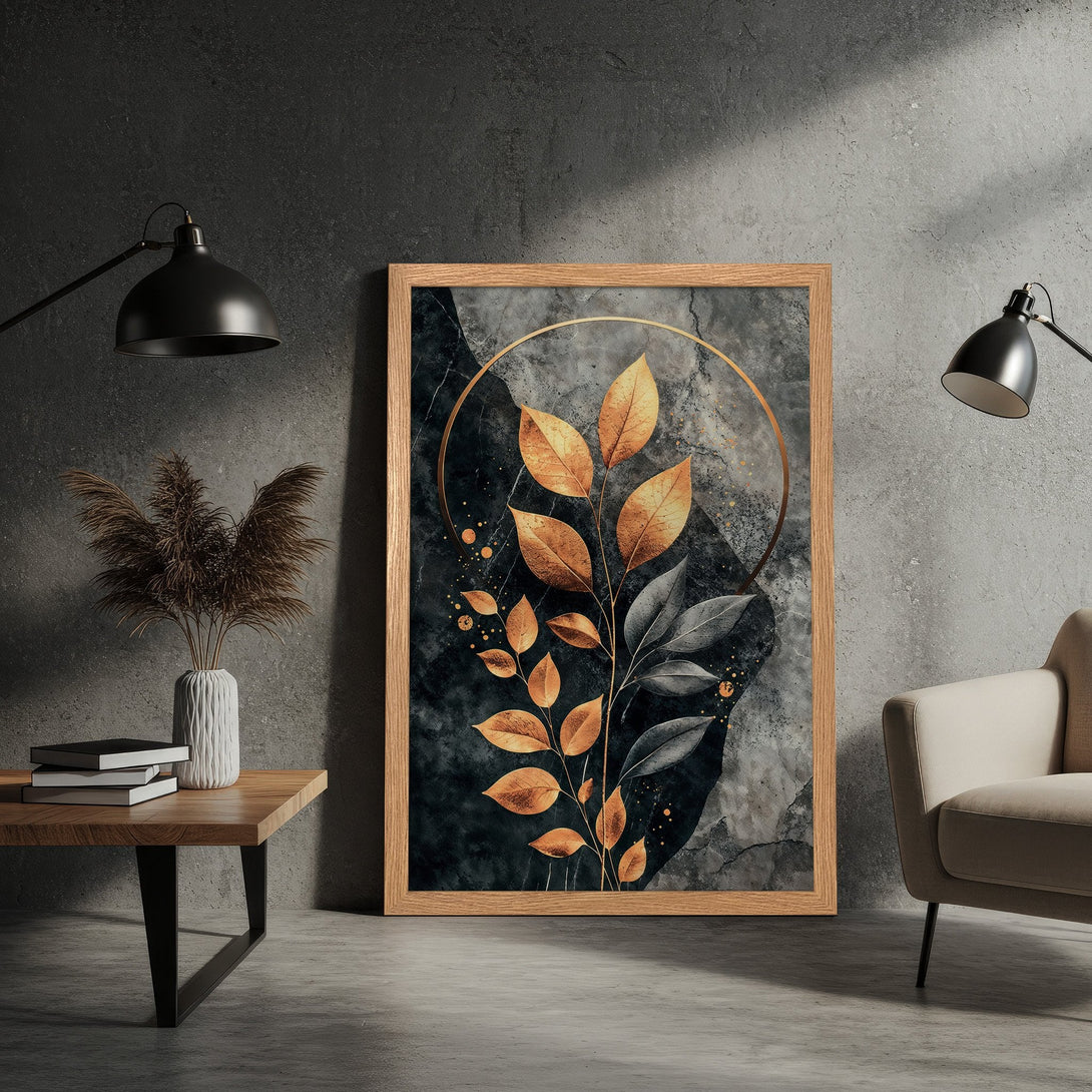 Framed Poster featuring elegant botanical art with gold and gray leaves on a dark background. Modern, stylish decor.