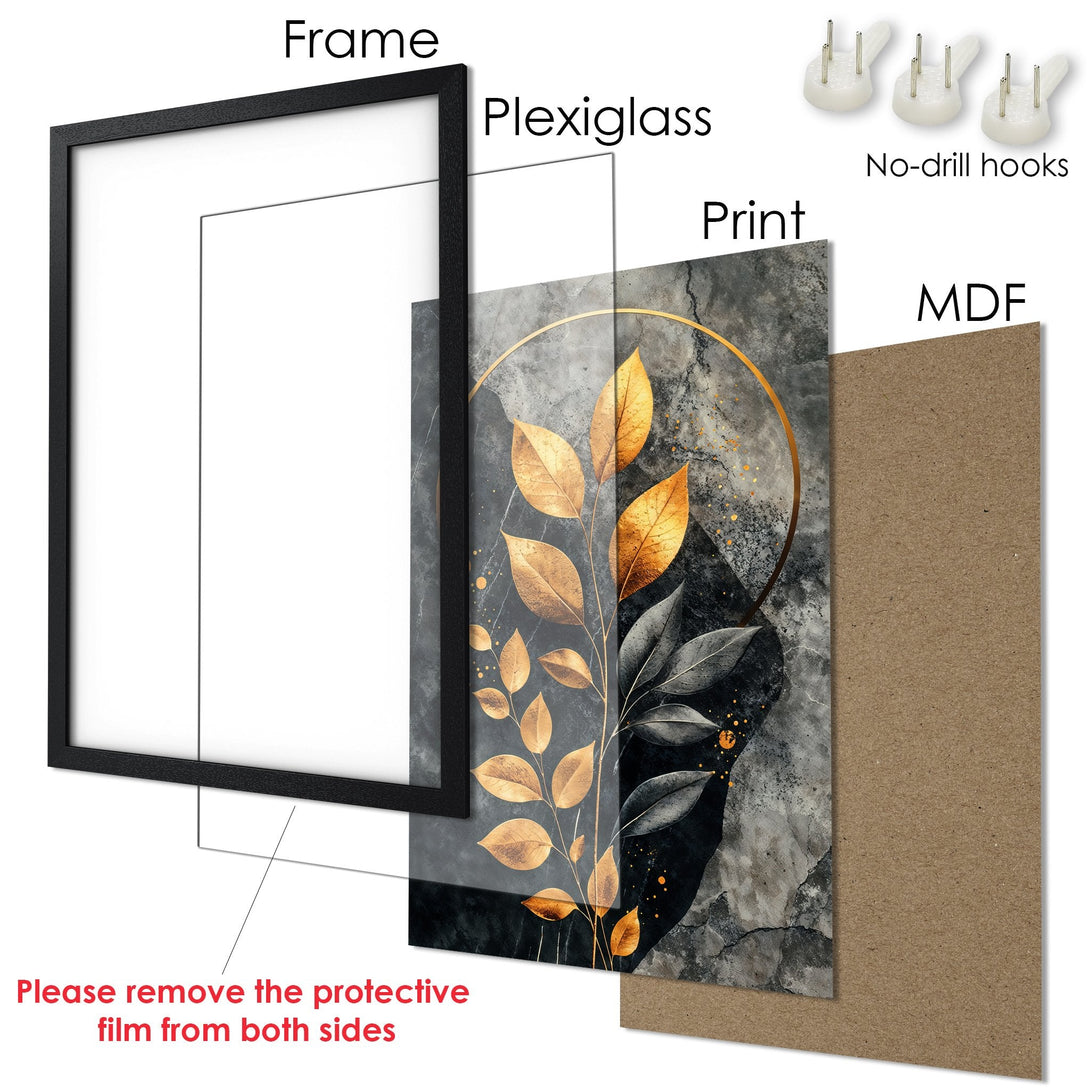 Framed Poster with gold leaf design. Modern art style, featuring a gray, black, and gold color palette. Ready to hang.