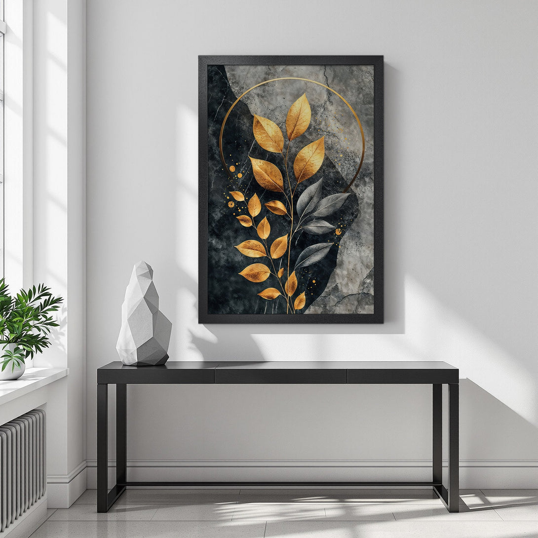 Framed Poster featuring gold and gray leaves on a dark, textured background. Modern art style with a neutral color palette. Perfect for home decor.