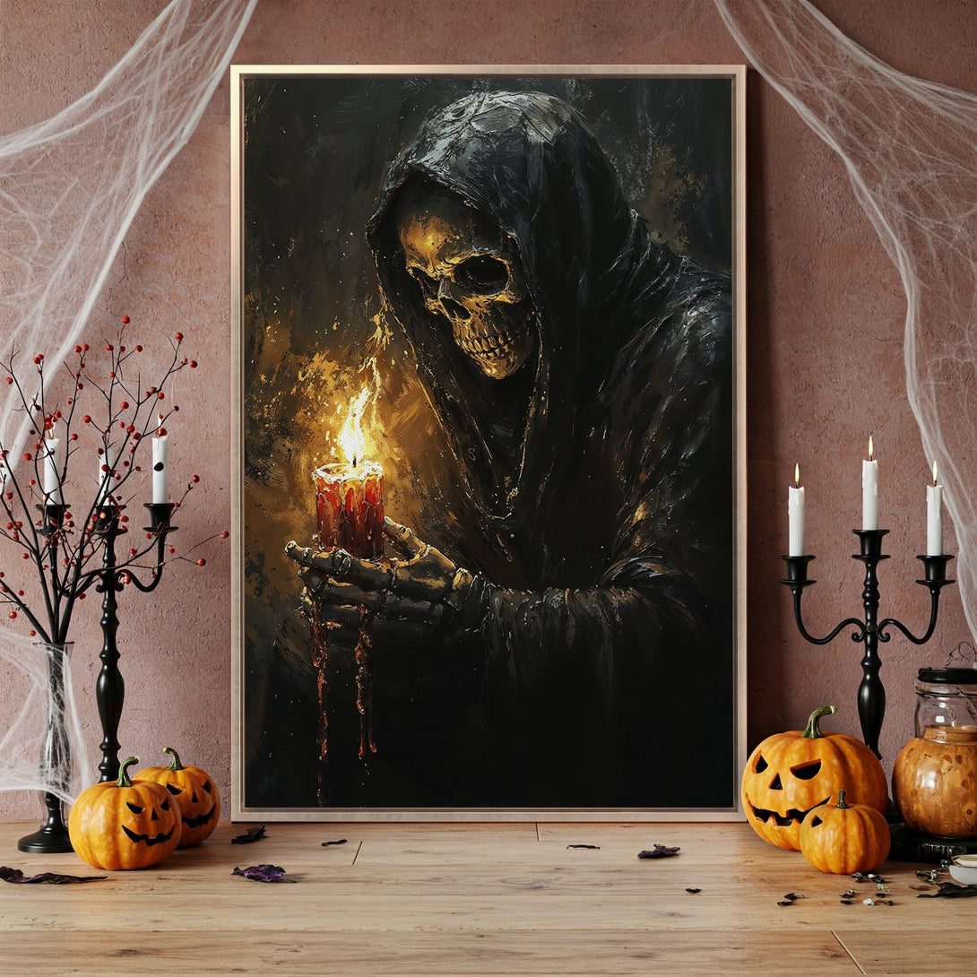 Framed Wall Art featuring a spooky skeleton holding a candle, in a dark, dramatic style with a gold, black, and red color palette, perfect for Halloween decor.