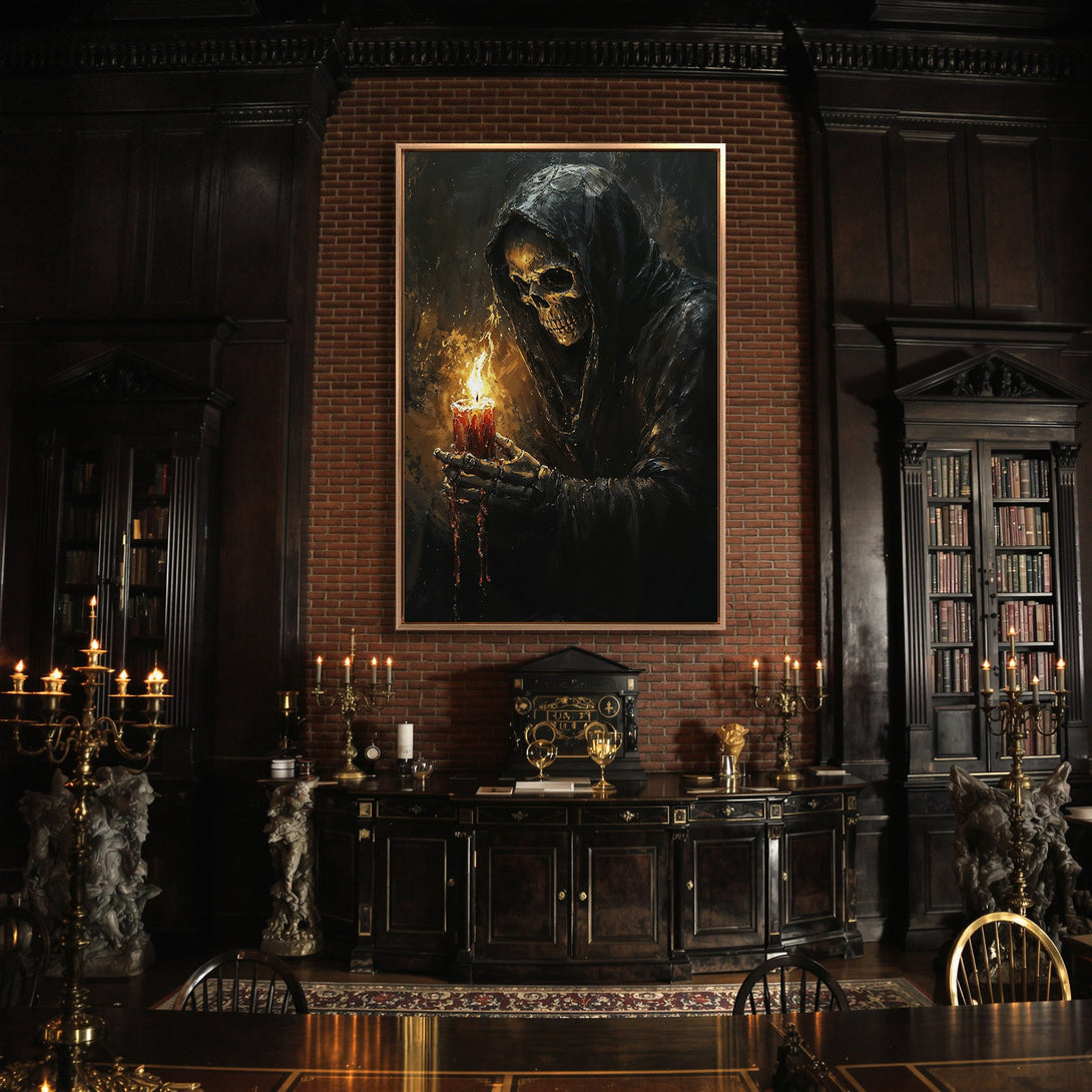 Framed Wall Art: Grim Reaper Canvas Print in a gothic interior. Dark, moody color palette with gold accents. Perfect for adding a touch of mystery.