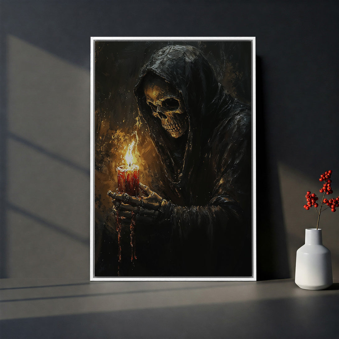 Framed Wall Art: Grim Reaper holding candle, dark & moody artwork with a gothic aesthetic. Black, gold, and red color palette. Perfect for Halloween decor.