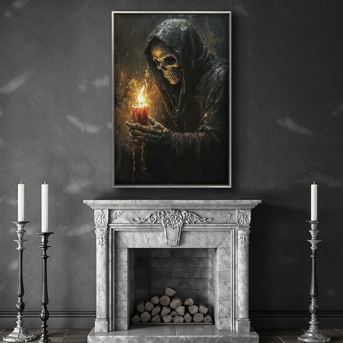 Framed Wall Art featuring a haunting Grim Reaper with candle, dark & moody style, rich black & gold color palette. Elevate your space with this unique canvas print.