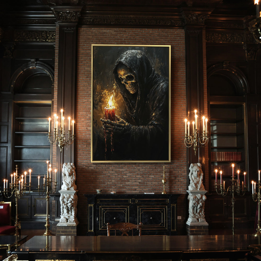 Canvas Print: Grim Reaper holding candle, gothic art, dark color palette. Perfect Halloween decor.