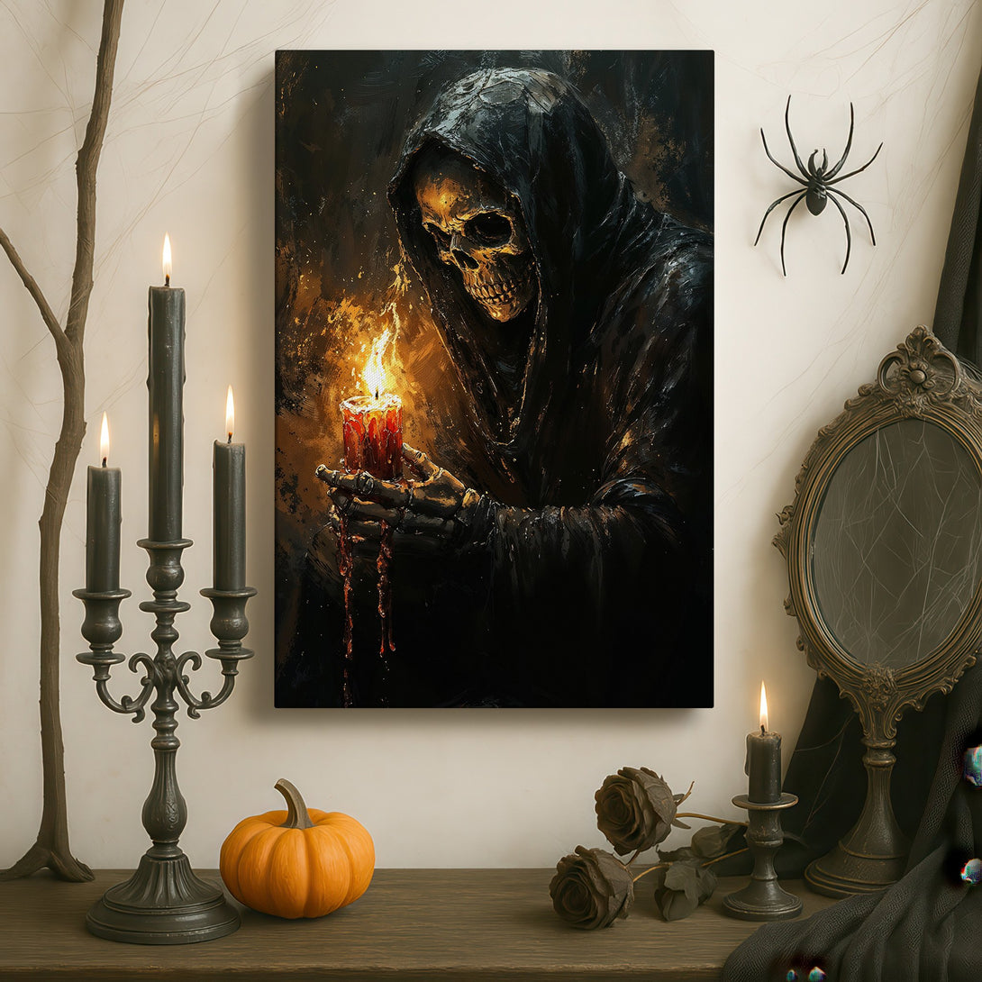 Framed Wall Art: Grim Reaper Canvas Print in a gothic interior. Dark, moody color palette with gold accents. Perfect for adding a touch of macabre to your space.