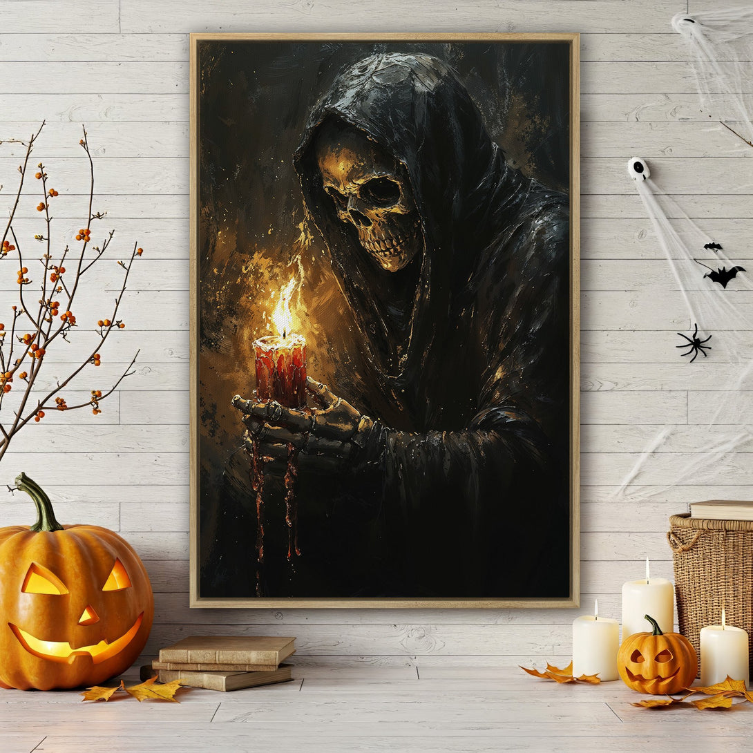 Framed Wall Art: Spooky Grim Reaper holding candle. Dark, dramatic painting with gold and black color palette. Perfect Halloween decor.