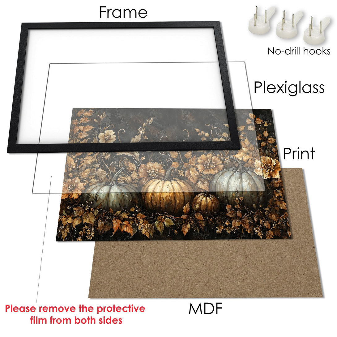 Framed Poster featuring pumpkins in a vintage style with a warm, autumnal color palette. Perfect fall decor!