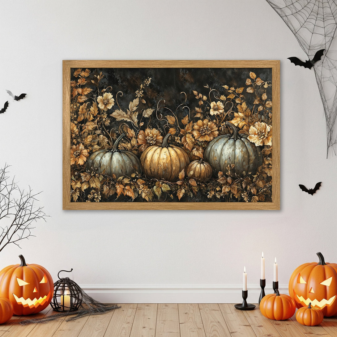 Framed Poster featuring pumpkins and foliage in a vintage style with a warm, autumnal color palette. Perfect Halloween decor!