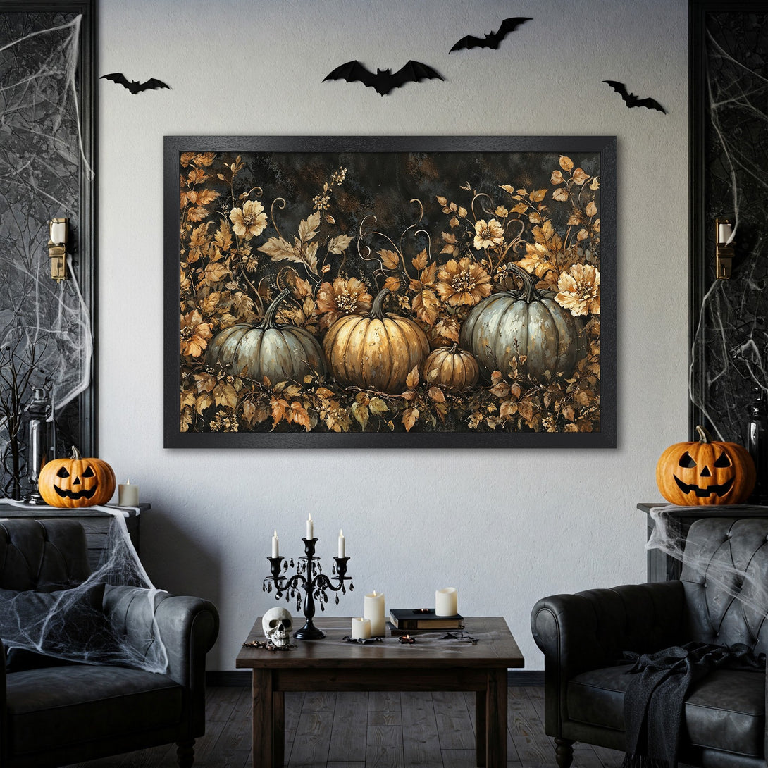 Framed Poster featuring pumpkins and floral elements in a vintage style with a gold and black color palette, perfect for Halloween decor.