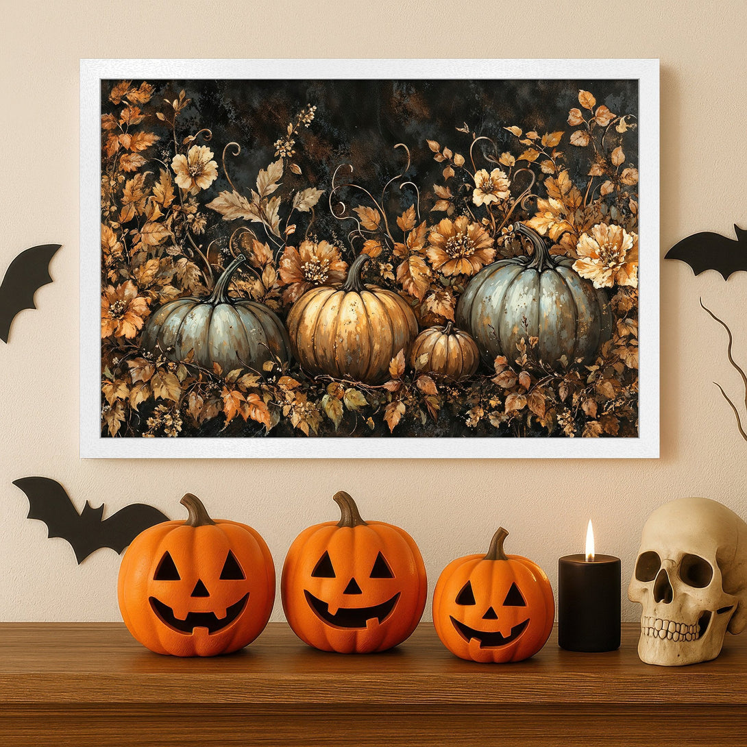 Framed Poster featuring pumpkins and floral art in warm autumn tones, perfect Halloween decor.