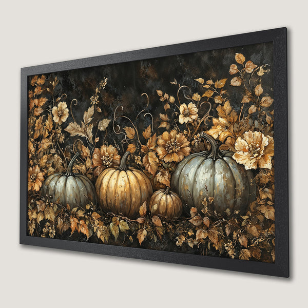 Framed Poster: Autumn pumpkins art print in warm gold and black tones. Perfect fall decor!