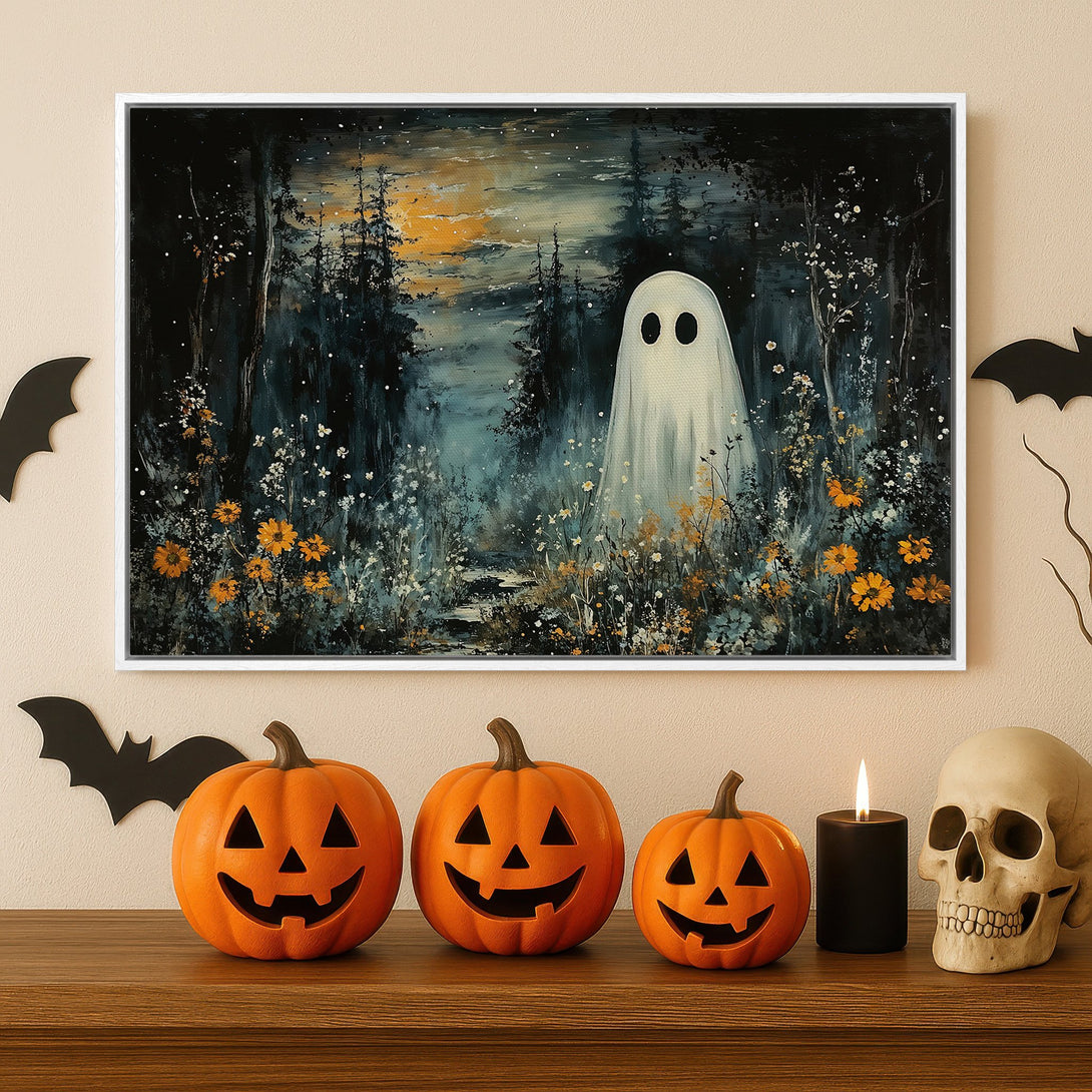 Framed Wall Art: Spooky ghost painting in a dark forest with a moody, Halloween color palette. Perfect for adding a touch of eerie charm to your home decor.