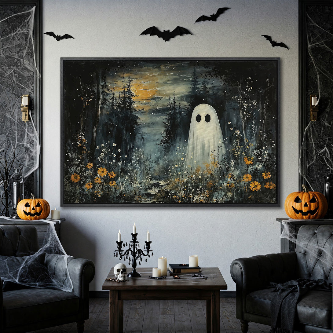 Framed Wall Art: Spooky ghost art in a dark forest with a blue, orange, and black color palette. Perfect Halloween decor!