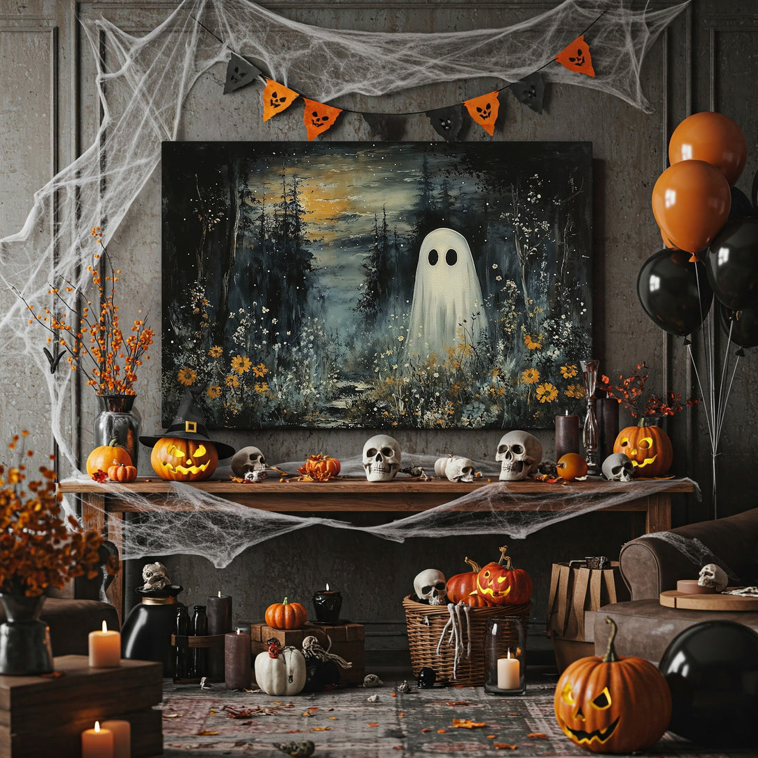 Framed Wall Art: Spooky ghost in a dark forest painting. Halloween-themed decor with a moody, dark color palette. Perfect for fall home accents.