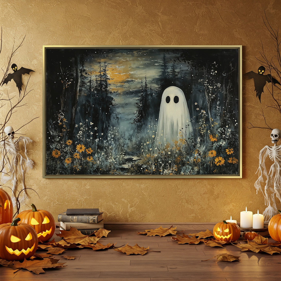 Canvas Print of a spooky ghost in a forest, perfect Halloween decor. Dark, moody color palette with orange accents. Add a touch of fright to your home!