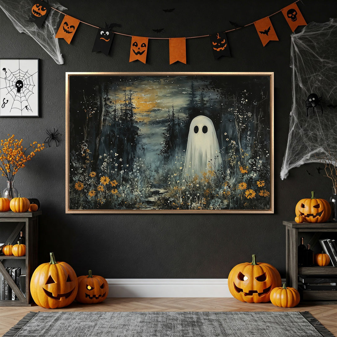 Framed Wall Art: Spooky ghost in a dark forest painting. Halloween decor with a blue, yellow, and black color palette. Perfect for adding a touch of eerie charm.
