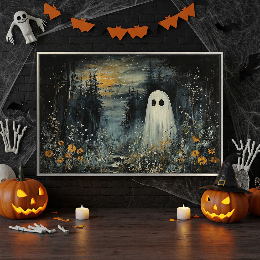 Framed Wall Art: Spooky ghost in a dark forest painting. Halloween decor with a moody, blue, and orange color palette. Perfect for fall aesthetic.