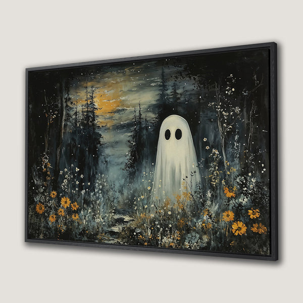 Framed Wall Art: Spooky ghost in a moonlit forest. Atmospheric painting with a dark, moody palette of blues, yellows, and greens. Perfect Halloween decor!