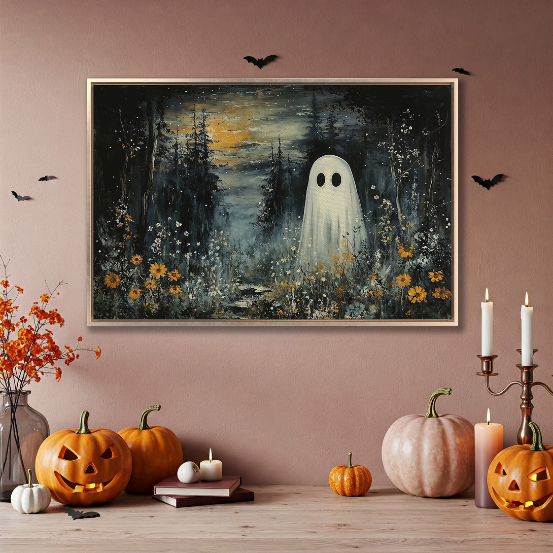 Framed Wall Art: Spooky ghost in a forest painting with a dark, moody color palette. Perfect Halloween decor for your home!