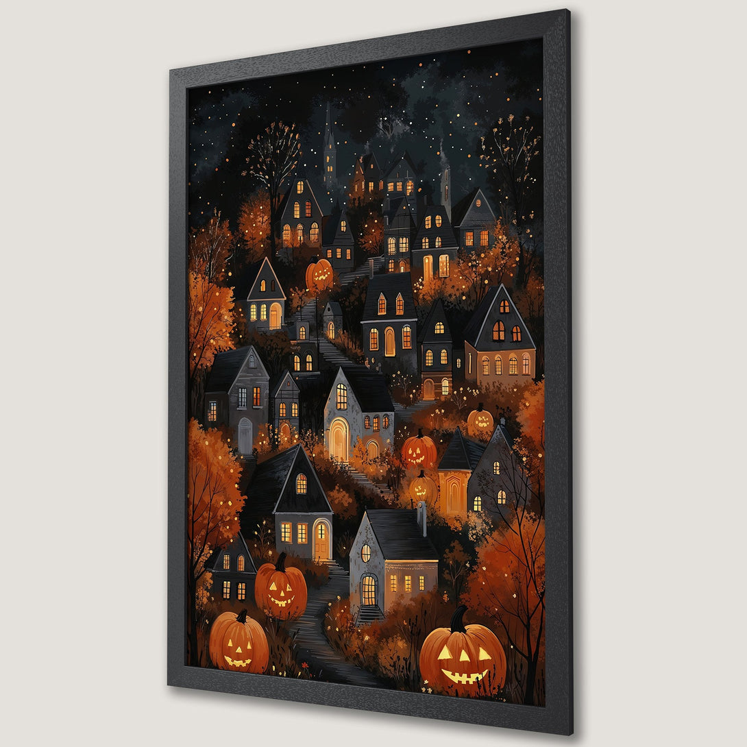 Framed Poster featuring a spooky Halloween village illustration in a warm orange and dark palette. Perfect for fall decor!