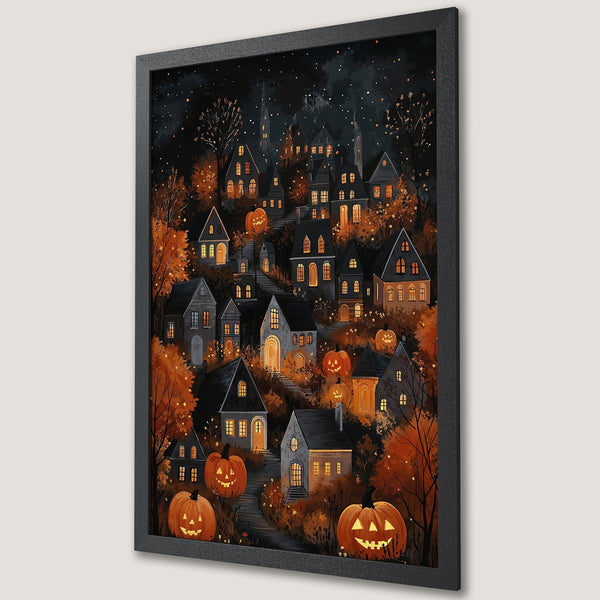 Framed Poster featuring a spooky Halloween village illustration in a warm orange and dark palette. Perfect for fall decor!
