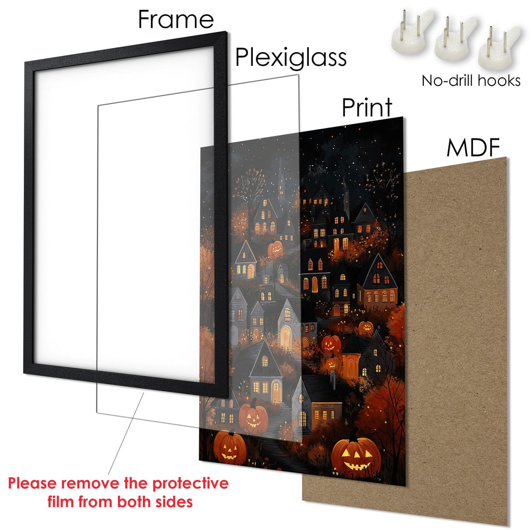 Framed Poster featuring a spooky Halloween village illustration in warm orange and dark tones. Perfect wall art for a festive touch!