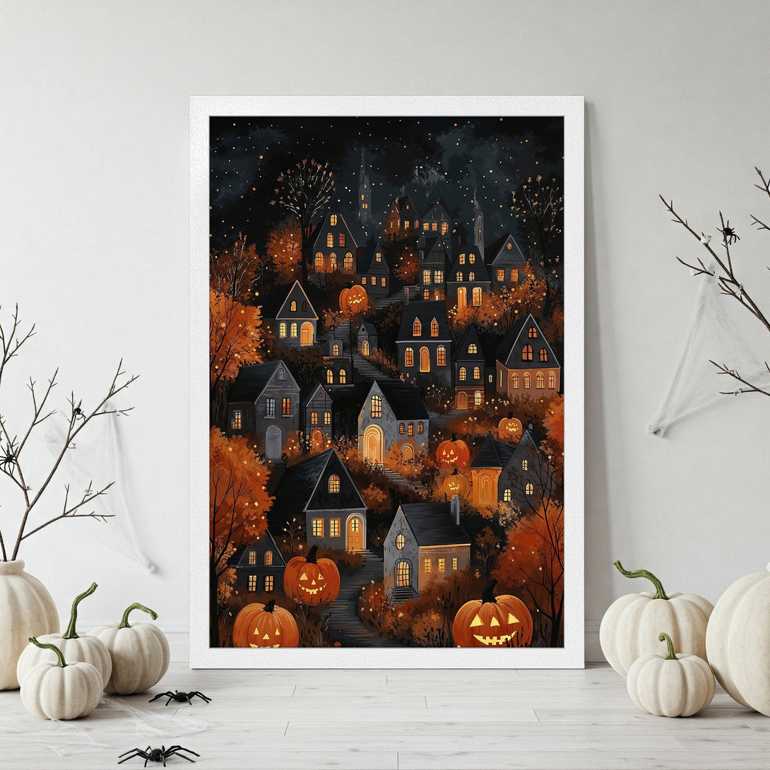 Framed Poster featuring a spooky Halloween village illustration in warm orange and dark gray tones. Perfect fall decor!