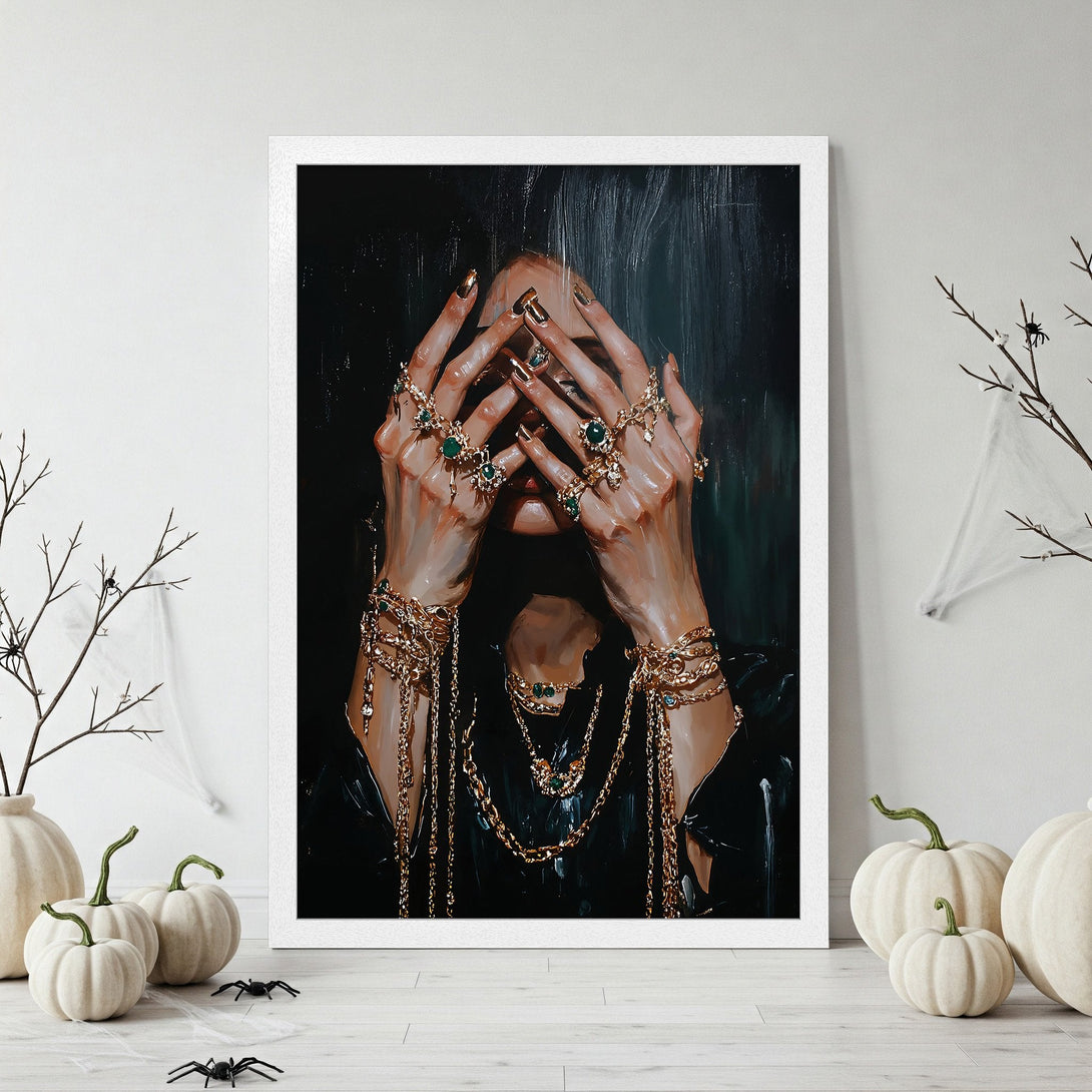 Framed Poster: Oil painting of hands holding emeralds, with gold accents. Dark, rich color palette. Perfect wall art for your home.