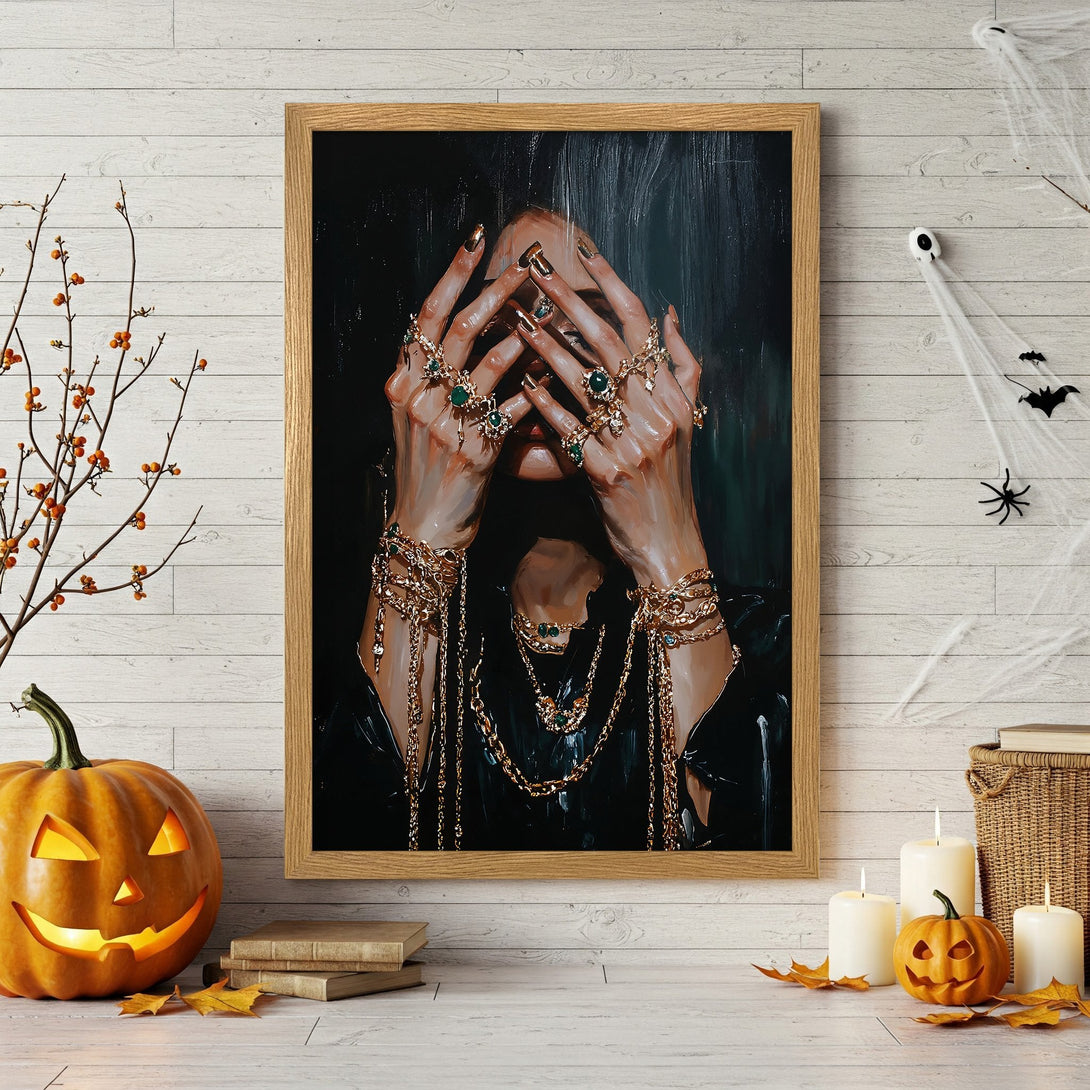 Framed Poster featuring hands with jewelry, abstract style, warm tones with emerald green accents. Perfect wall art!