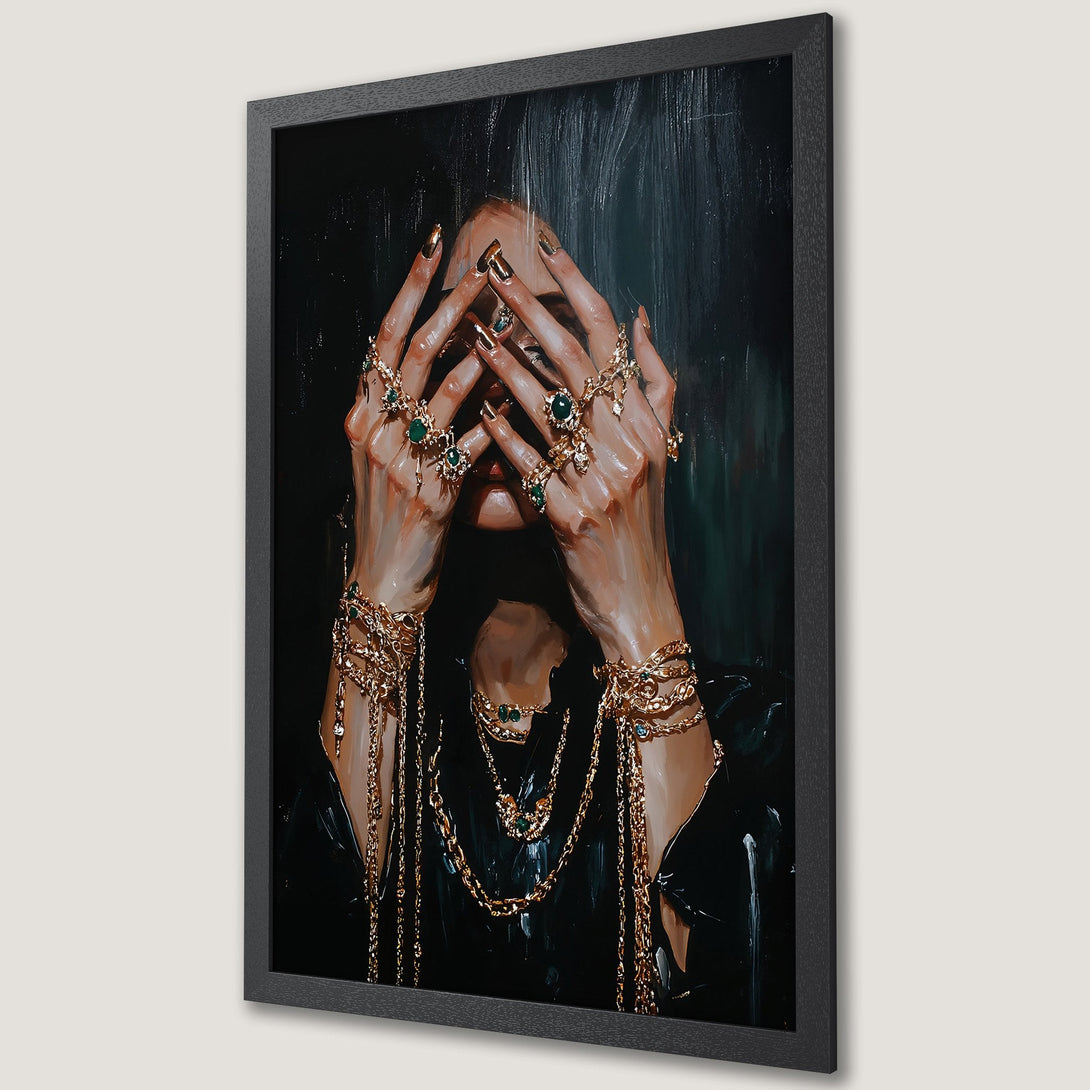 Framed Poster: Oil painting of hands holding emeralds, gold jewelry. Rich, dark color palette. Add elegance to your space!