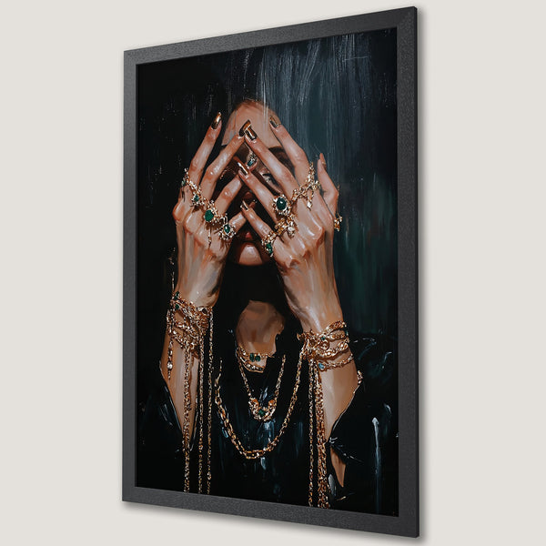 Framed Poster: Oil painting of hands holding emeralds, gold jewelry. Rich, dark color palette. Add elegance to your space!