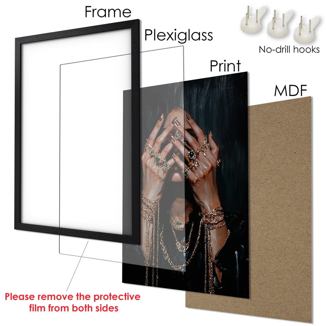 Framed Poster art print featuring hands with jewelry, in warm brown and gold tones. A beautiful addition to any home decor.