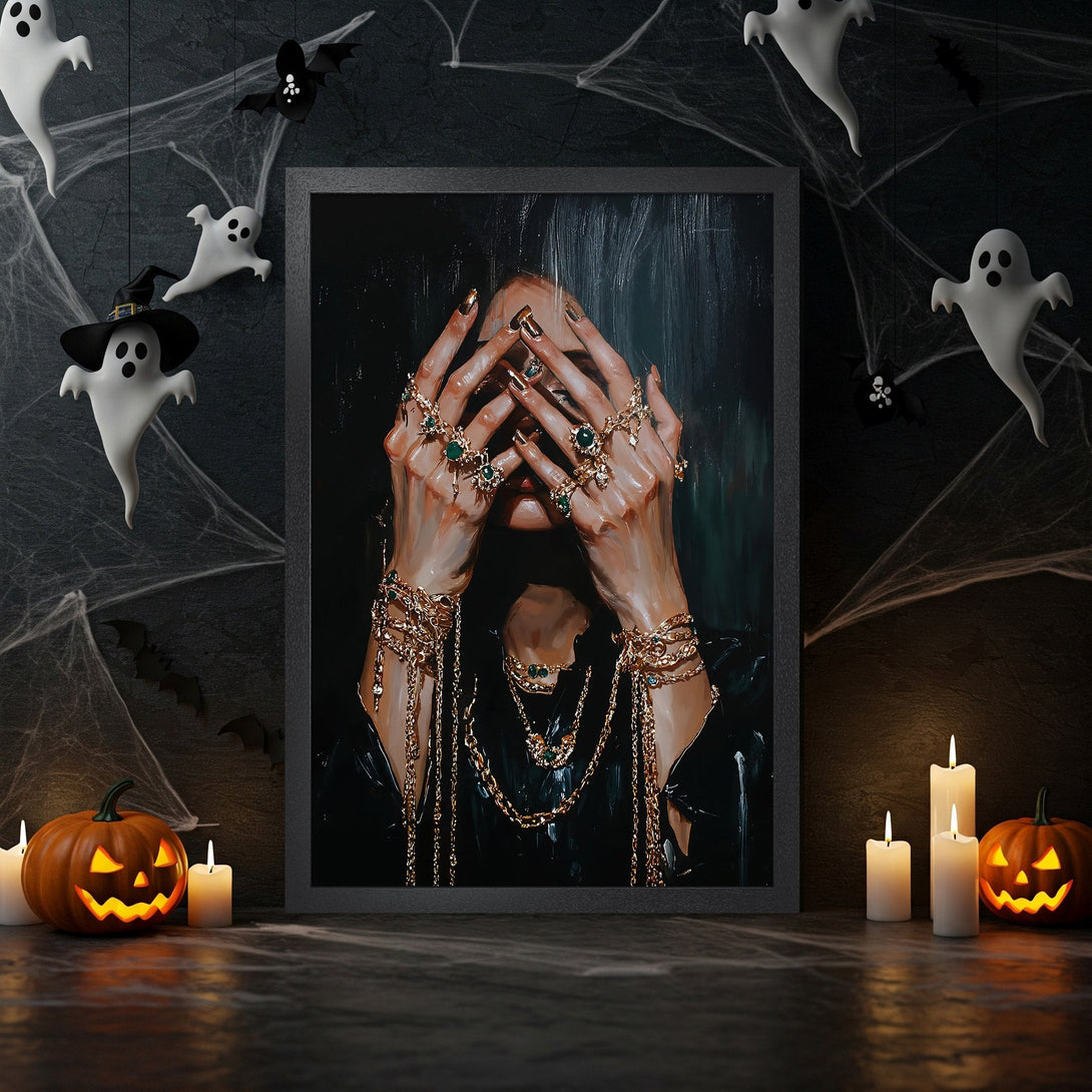Framed Poster of hands with emeralds, oil painting style, warm brown and black palette, perfect Halloween decor.