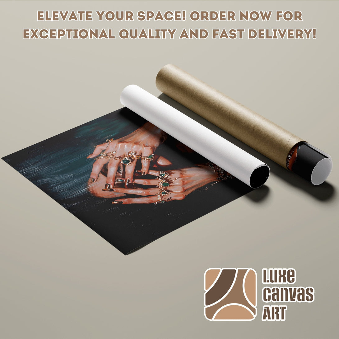 Poster Roll featuring abstract hands with emeralds, warm color palette, perfect for home decor.