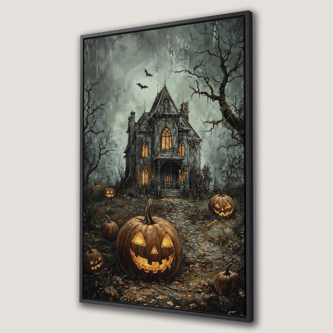 Framed Wall Art: Spooky Halloween scene with a haunted house, glowing jack-o'-lanterns, and eerie gray/orange color palette. Perfect for seasonal decor.