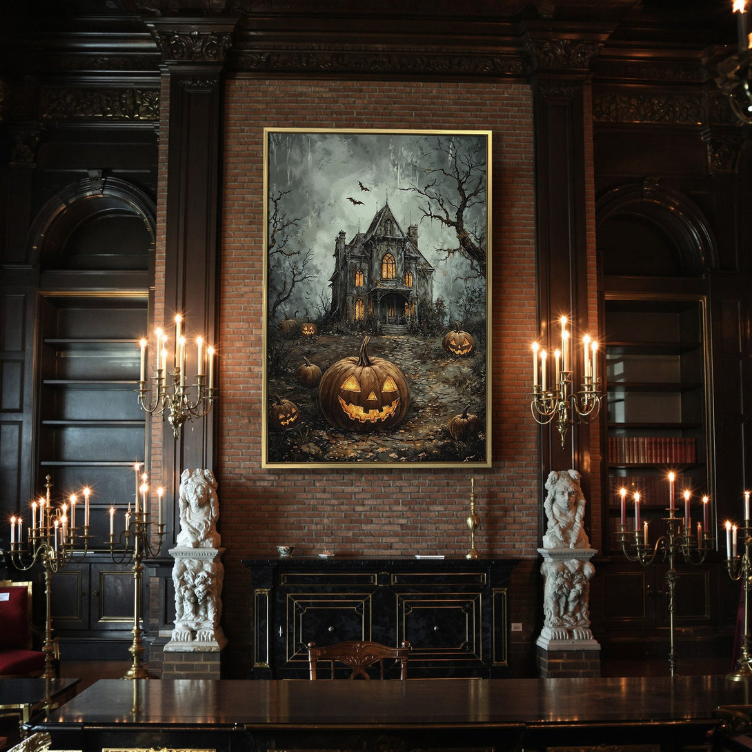 Canvas Print: Spooky Halloween art featuring a haunted house, pumpkins, and a dark, muted color palette. Perfect for seasonal home decor.