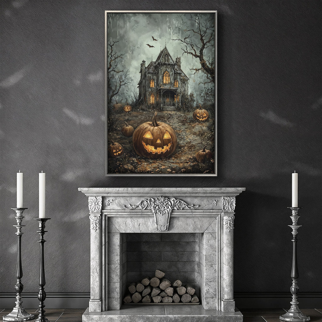 Framed Wall Art: Spooky Halloween scene with haunted house and pumpkins, in a dark, moody color palette. Perfect for fall decor!