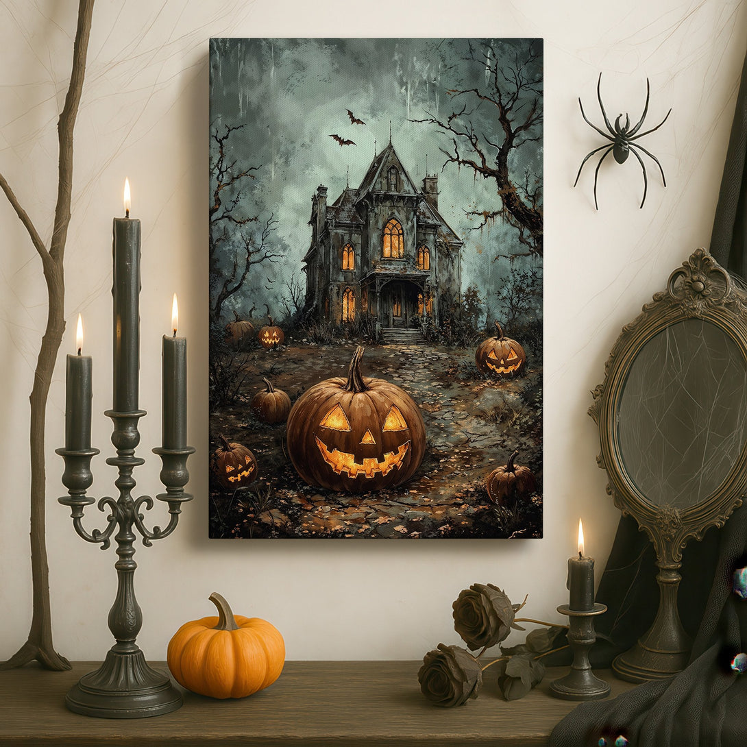 Framed Wall Art: Spooky Halloween scene with haunted house and jack-o'-lanterns. Dark, moody color palette perfect for fall decor. Add a touch of fright to your space!