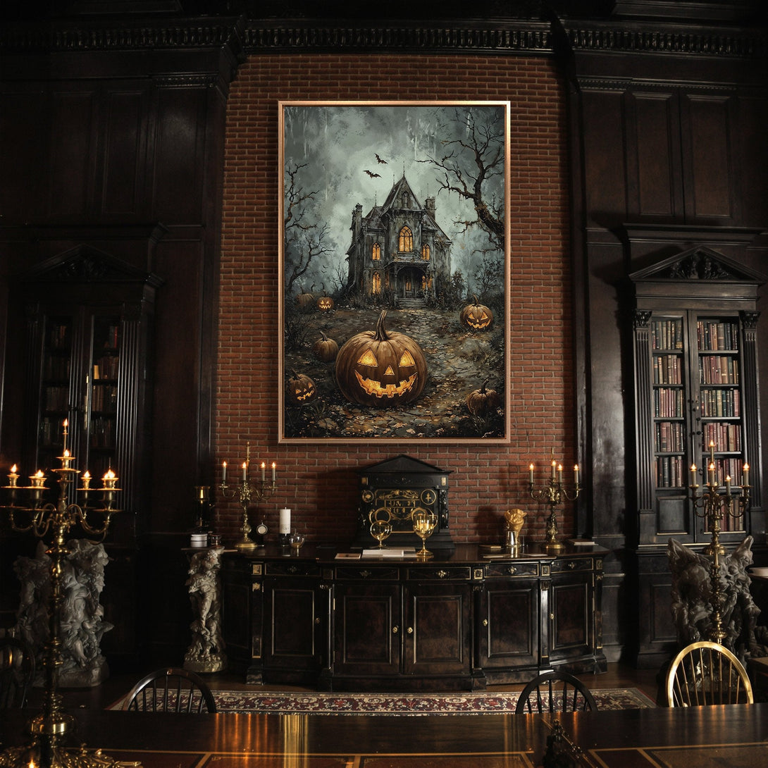 Framed Wall Art: Spooky Halloween scene with haunted house and pumpkins. Dark, moody colors. Perfect for adding a touch of gothic style to your home decor.