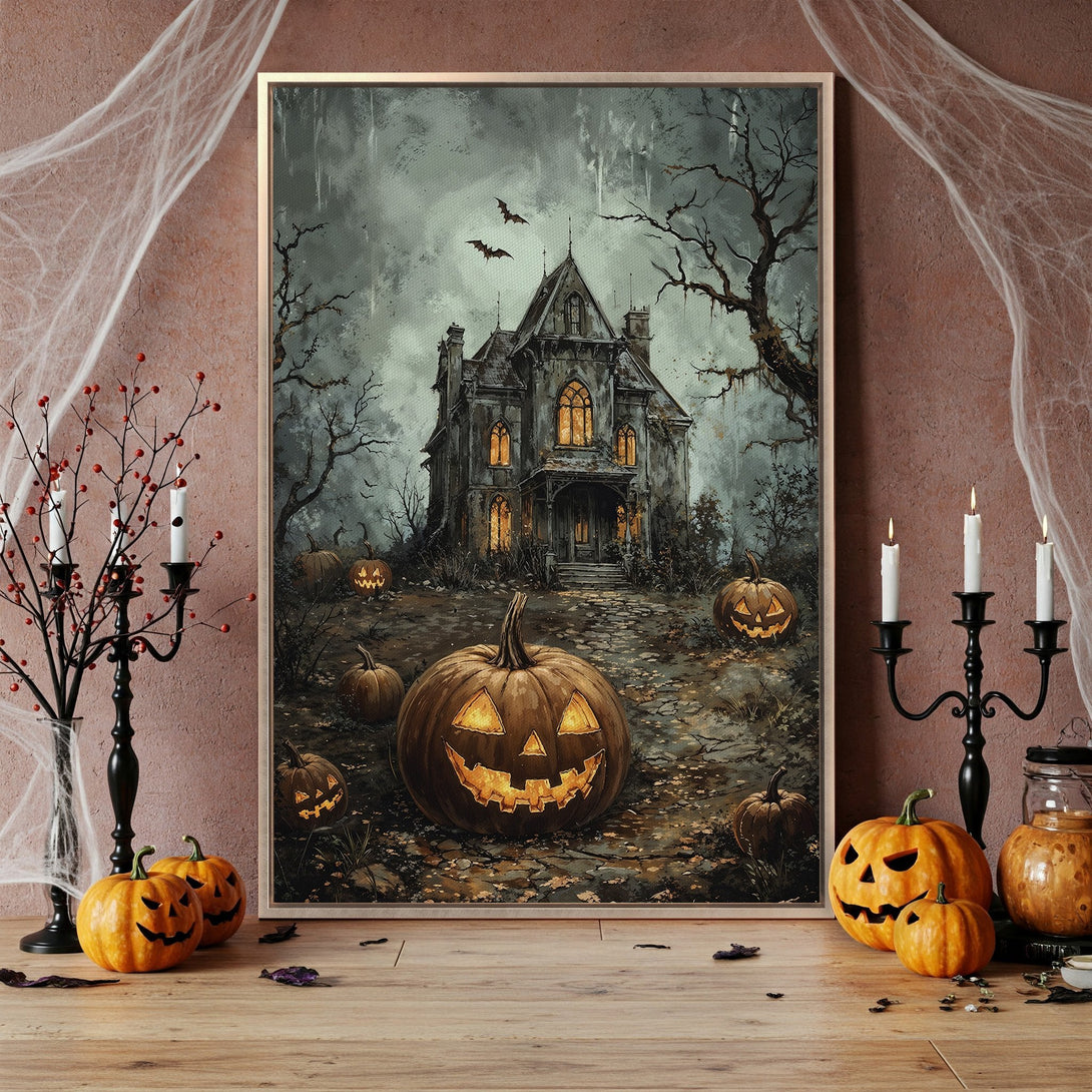 Framed Wall Art: Spooky Halloween haunted house canvas print in moody, autumnal tones. Perfect for adding a touch of eerie elegance to your decor.