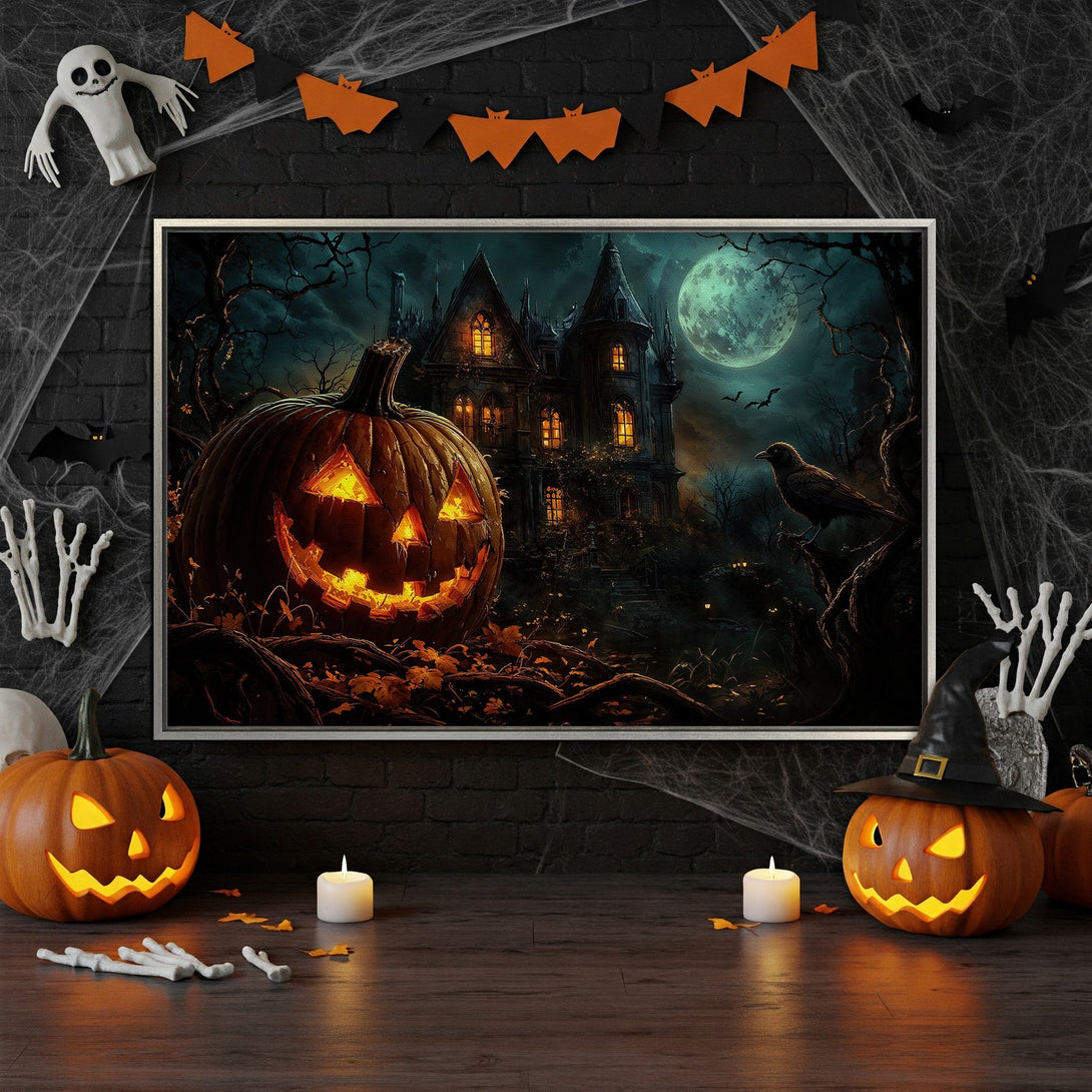 Framed Wall Art: Spooky Halloween scene with a haunted house and carved pumpkin, dark teal and orange color palette. Perfect for seasonal decor!