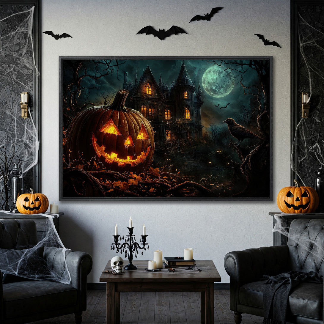 Framed Wall Art: Spooky Halloween scene with a glowing jack-o'-lantern, haunted house, and dark teal & orange color palette. Perfect for Halloween decor!